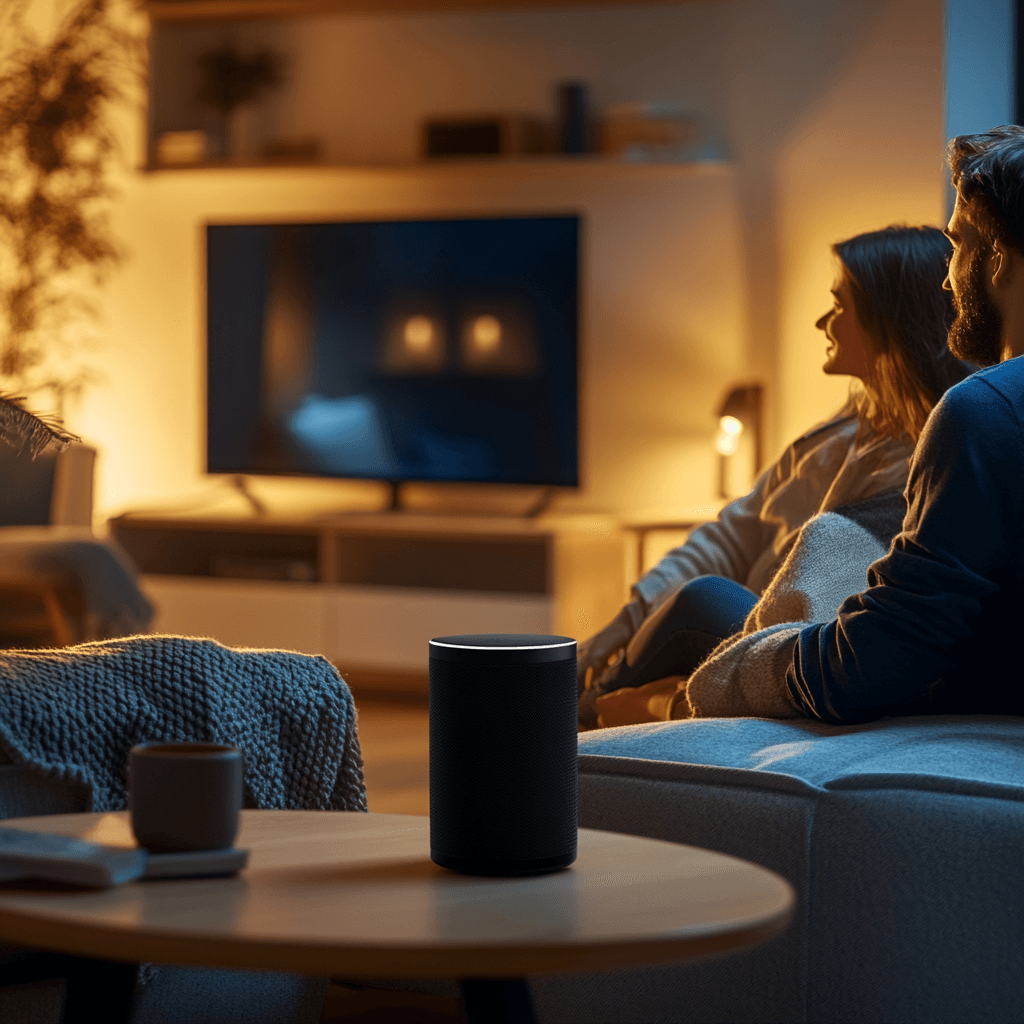 A couple talking to a smart speaker