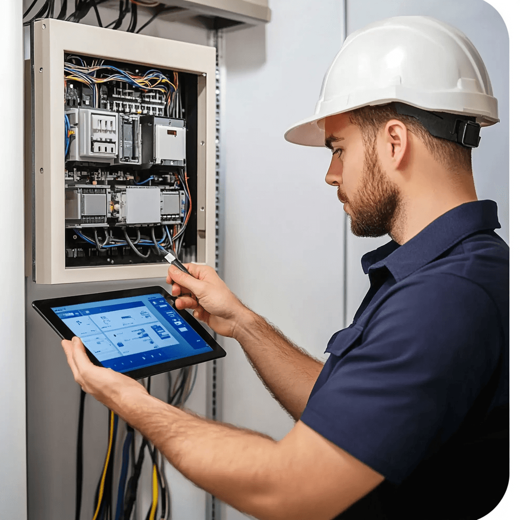 Electrician folosind o tabletă în timp ce inspectează panourile de control